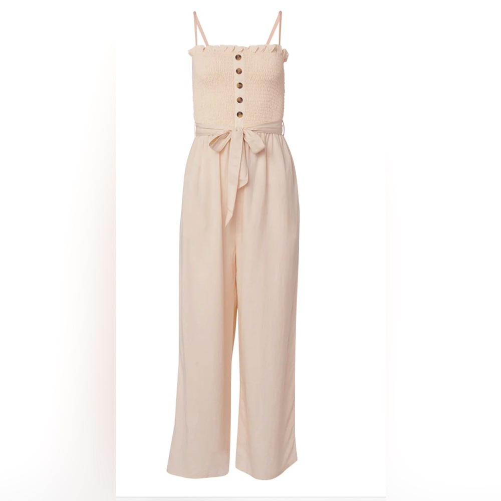 VENUS Smocked Linen Jumpsuit w. Pockets | Cream | Size 8 - Picture 2 of 9